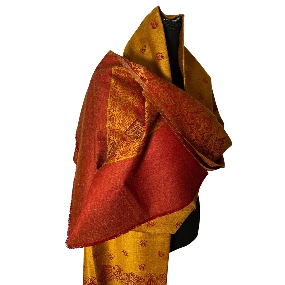100% Wool Shawl Oswal Paisley Mustard Yellow Maroon Red Wrap Floral Paisley Vtg
